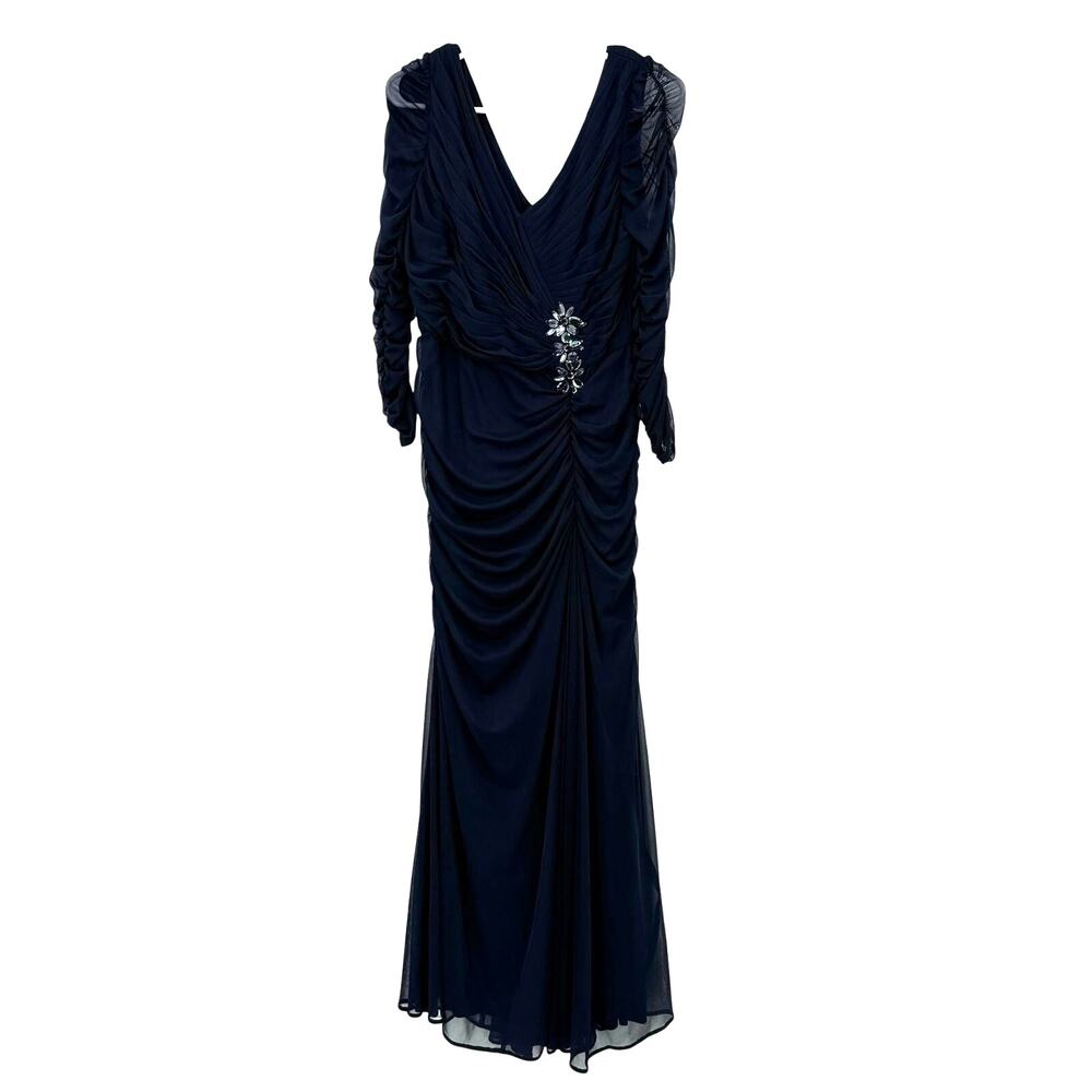 Adrianna Papell Size 10 Long Sleeve Maxi Dress Dark Blue Mesh Sleeve Event Gown